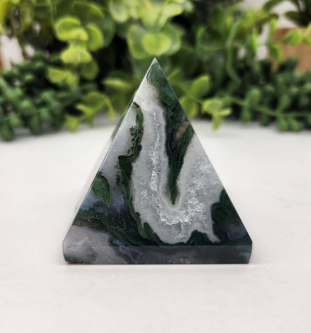 Moss Agate Polished Semi-Precious Gemstone Pyramid -5cm