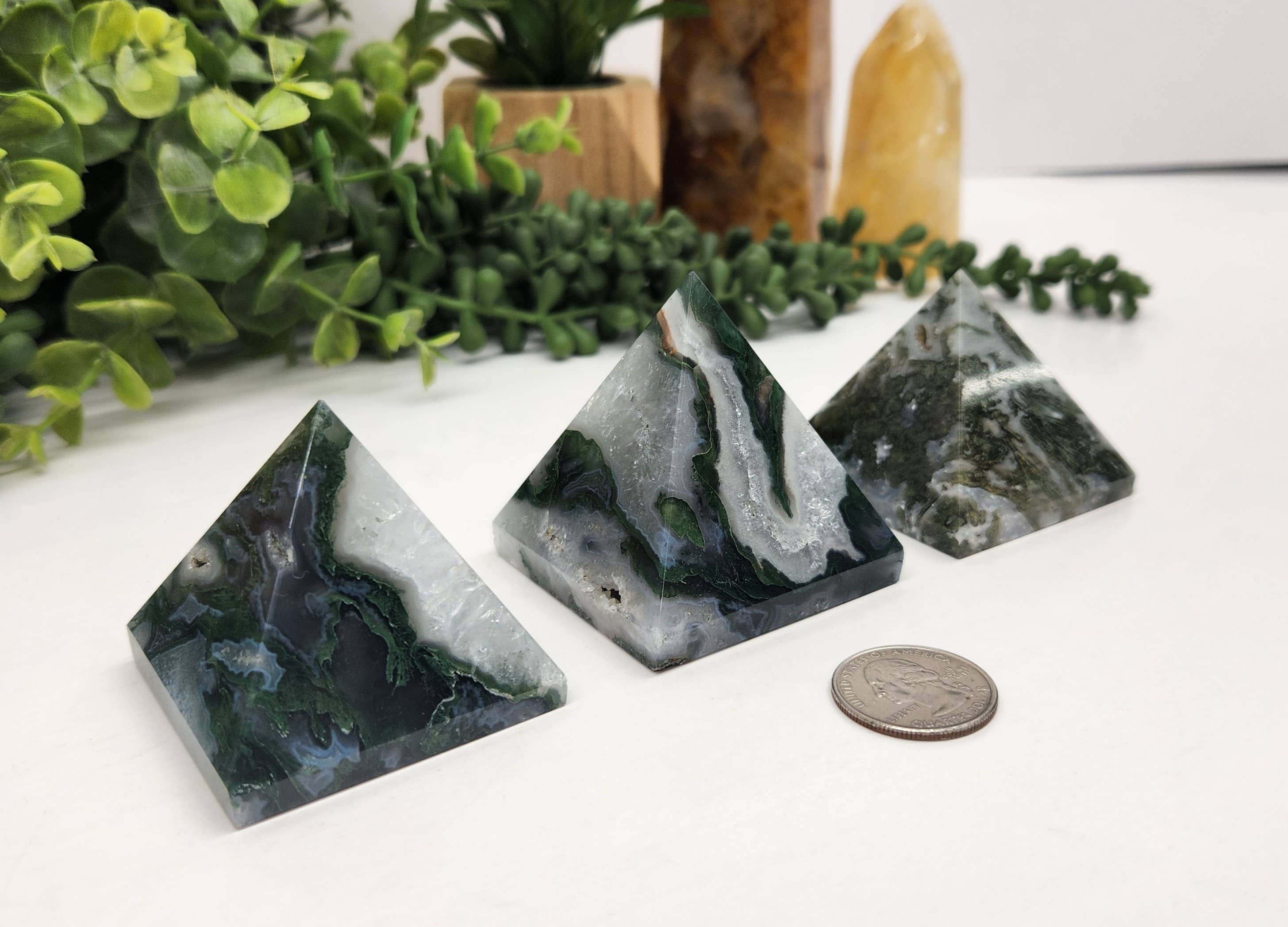 Moss Agate Polished Semi-Precious Gemstone Pyramid -5cm