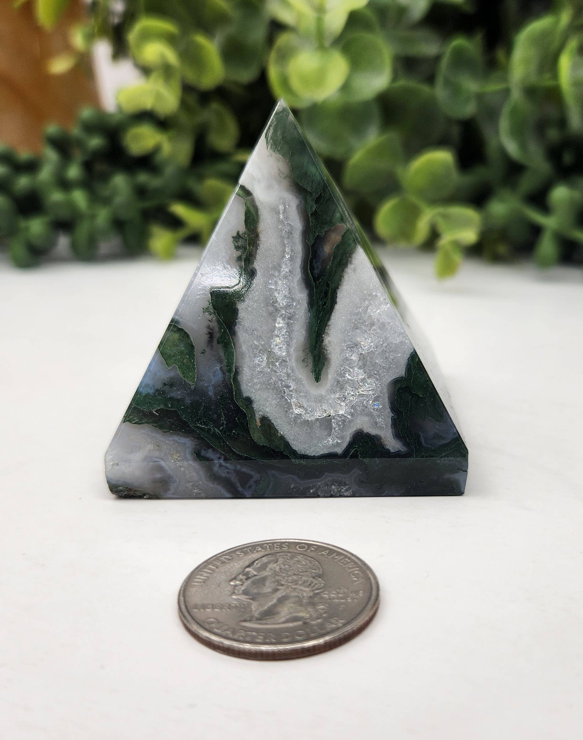Moss Agate Polished Semi-Precious Gemstone Pyramid -5cm