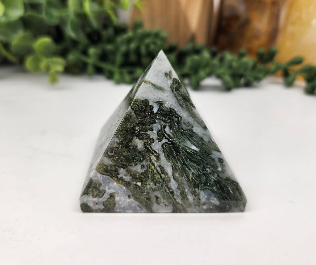 Moss Agate Polished Semi-Precious Gemstone Pyramid -5cm